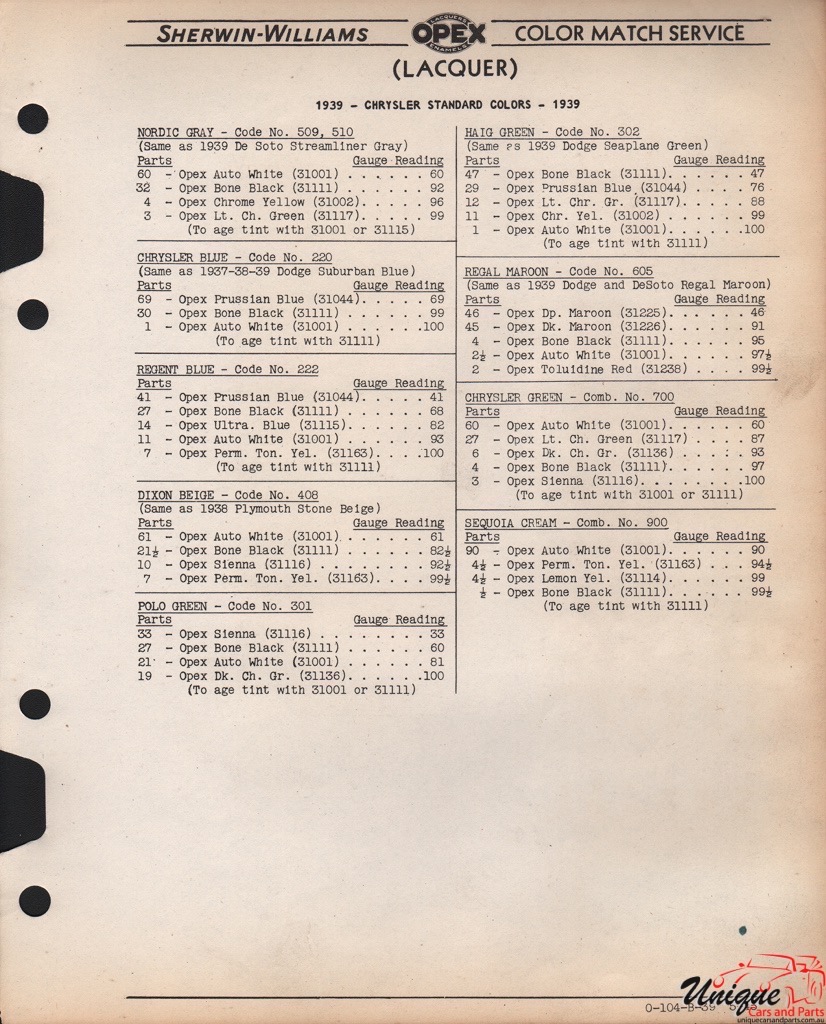 1939 Chrysler Paint Charts Williams 2